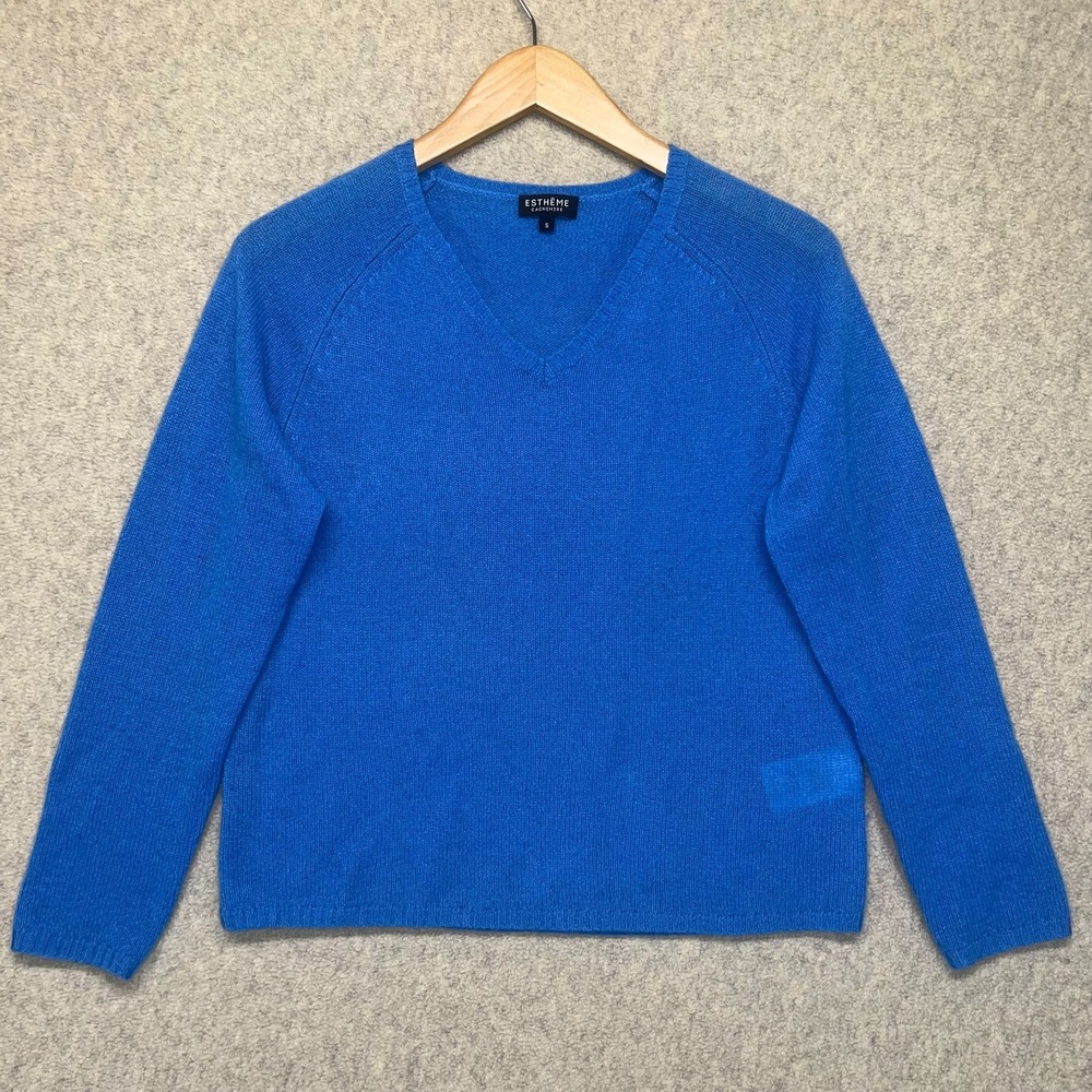 Estheme Womens Sweater Blue Cashmere‎ Knitted V-Neck Raglan Sleeve Pullover S
